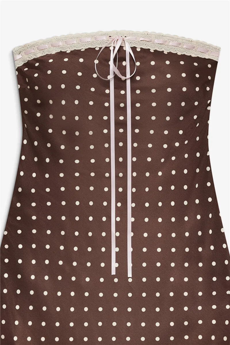 Brown Satin Polka Dot Strapless Midi Dress
