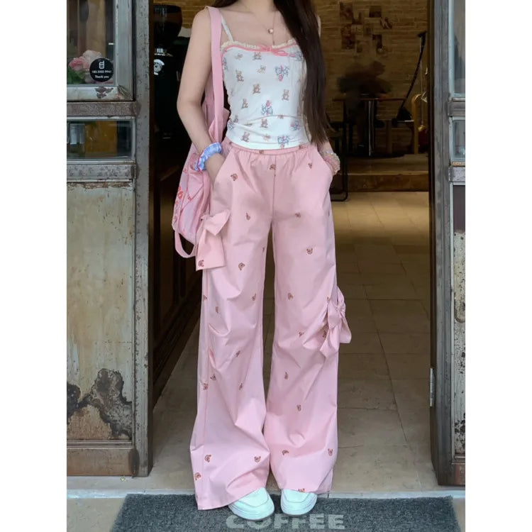 Bows Bear Printed Wide Leg Elastic Cargo Pants