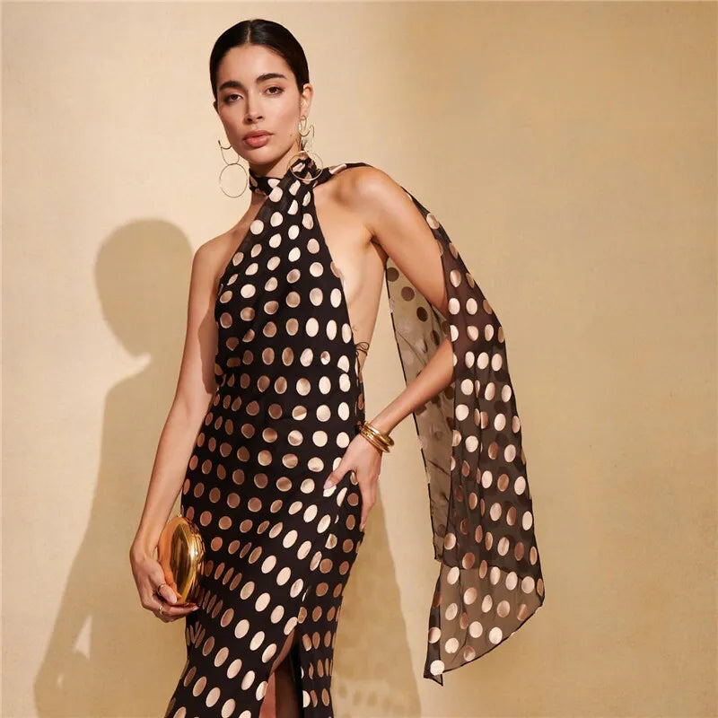 Black Polka Dot Halter Drape Midi Dress