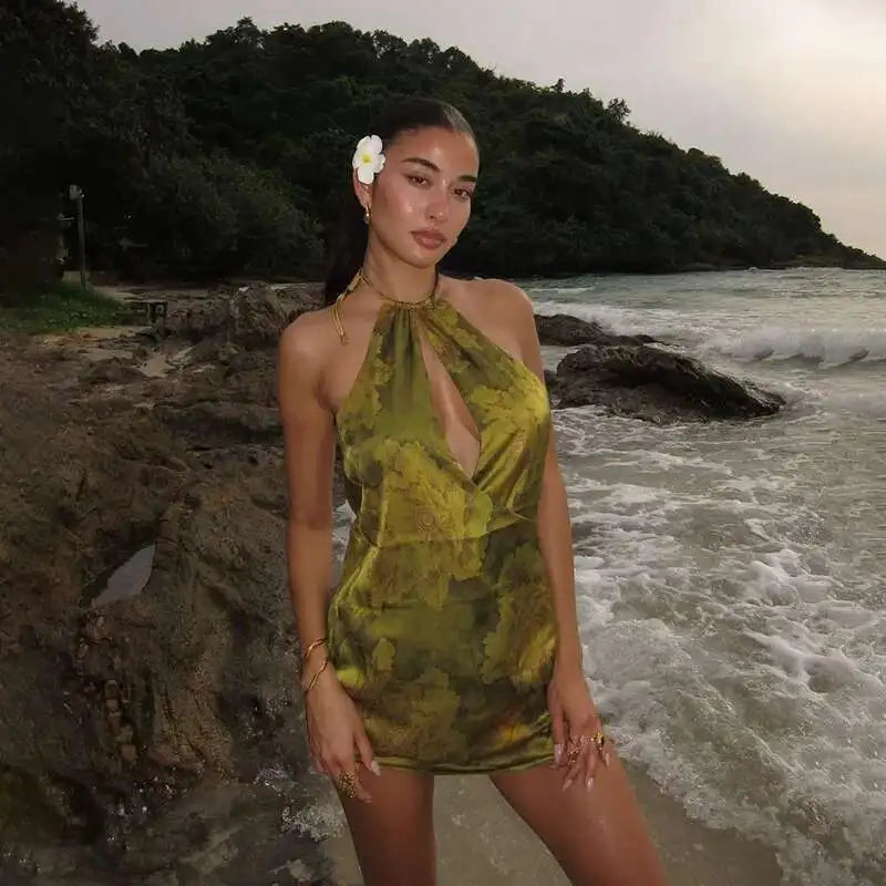 Green Printed Open Back Halter Mini Dress