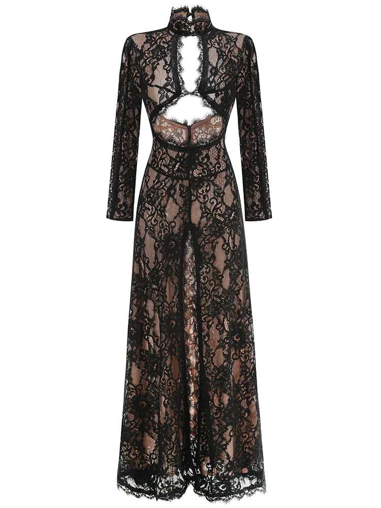 Black Lace Cut Out Long Sleeve Slit Maxi Dress
