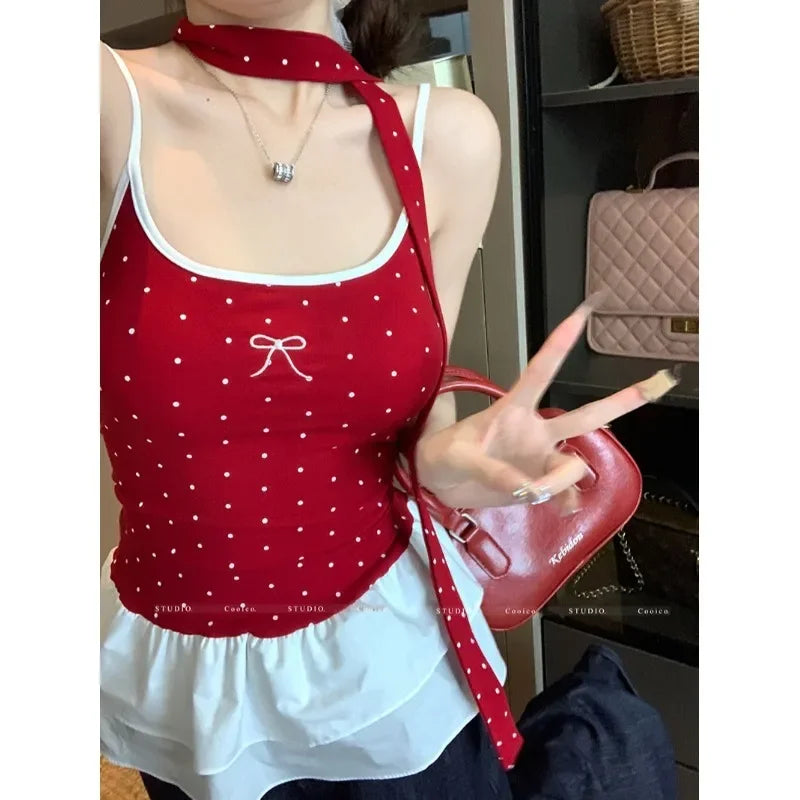 Red Polka Dot Bow Frill Top
