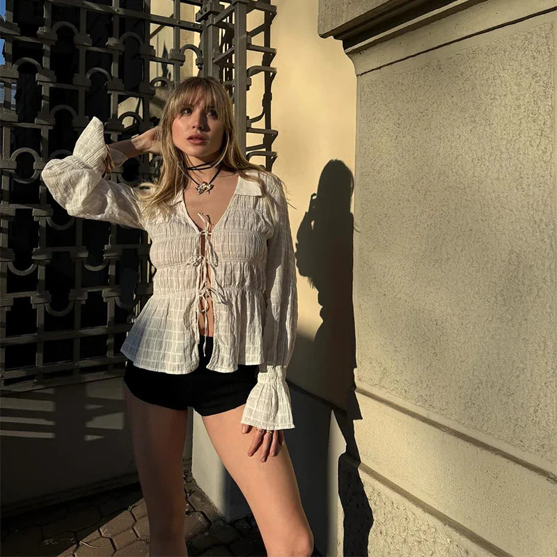White Ruched Tie Up Long Sleeve Top