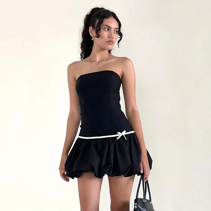 Black Puff Strapless Mini Dress