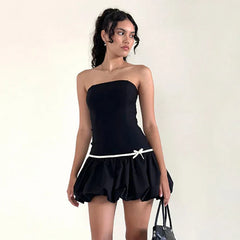 Black Puff Strapless Mini Dress