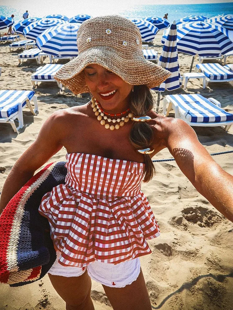 Red And White Checkered Print Strapless Top
