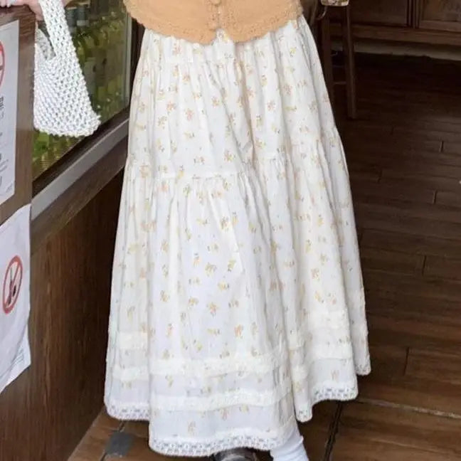 White Floral Midi Skirt - Casual A-Line