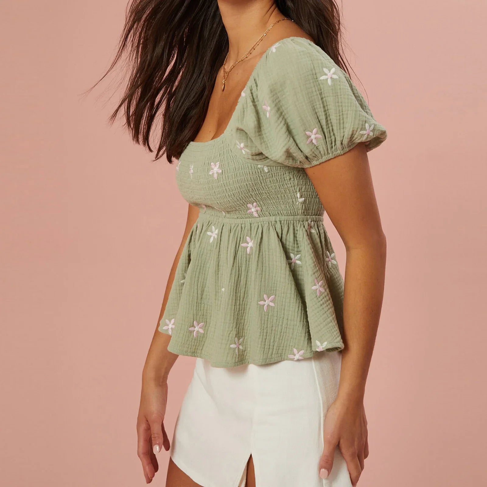 Puff Sleeve Flower Embroidered Smocked Square Neck Babydoll Top