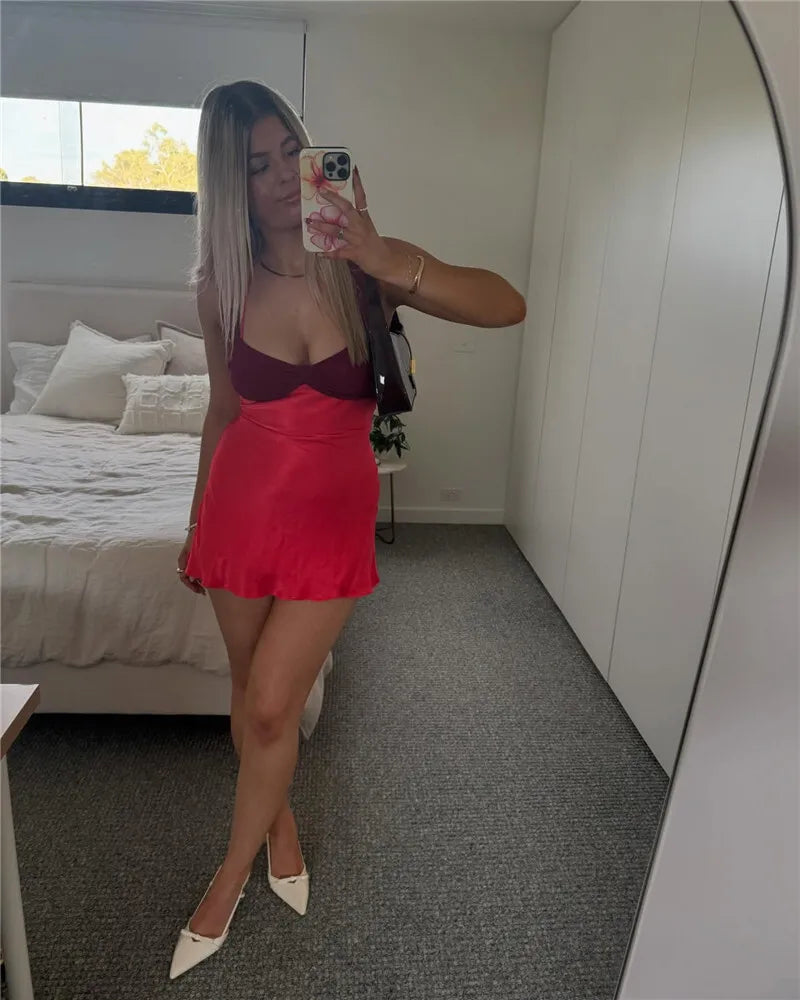 Two Tone Satin Back Lace Up Mini Dress