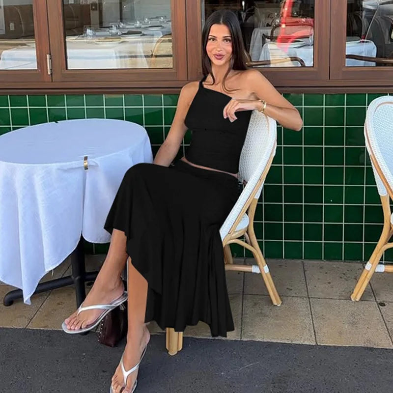 Knot One Shoulder Top And Ruched Midi Skirt Set