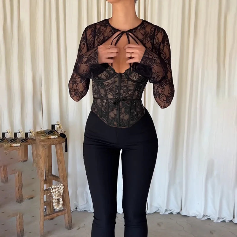 Black Long Sleeve Lace Tie Up Corset Top