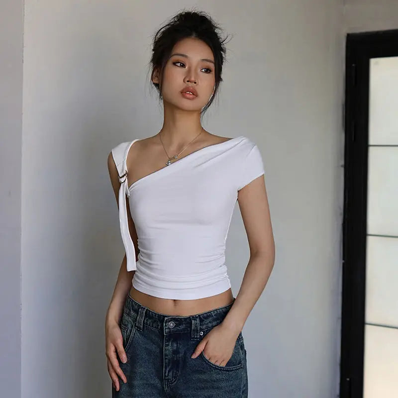 Asymmetric Strap Buckle Sleeve Crop Top