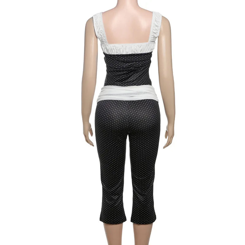 Black Polka Dot StrapTop And Capri Pants Two Piece Set
