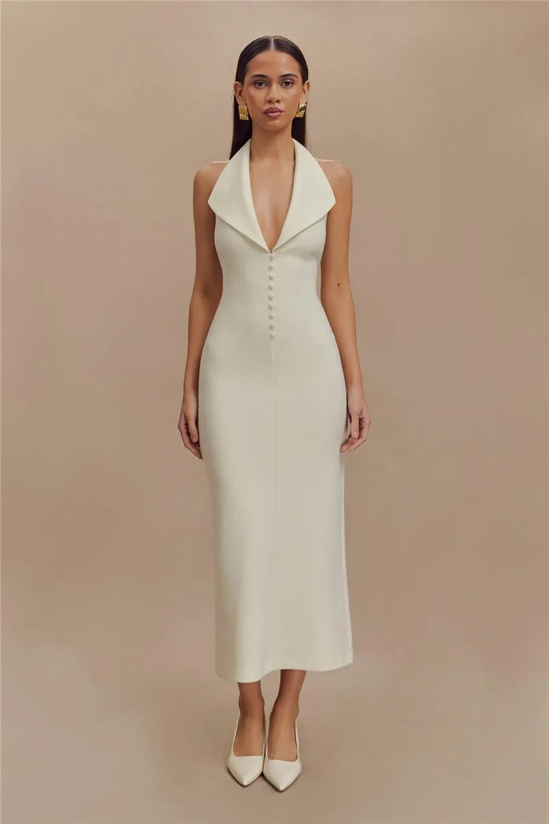 Deep Neck Large Collar Buttoned Halter Midi Dress