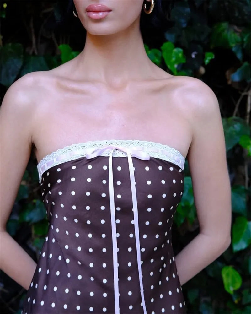 Brown Satin Polka Dot Strapless Midi Dress