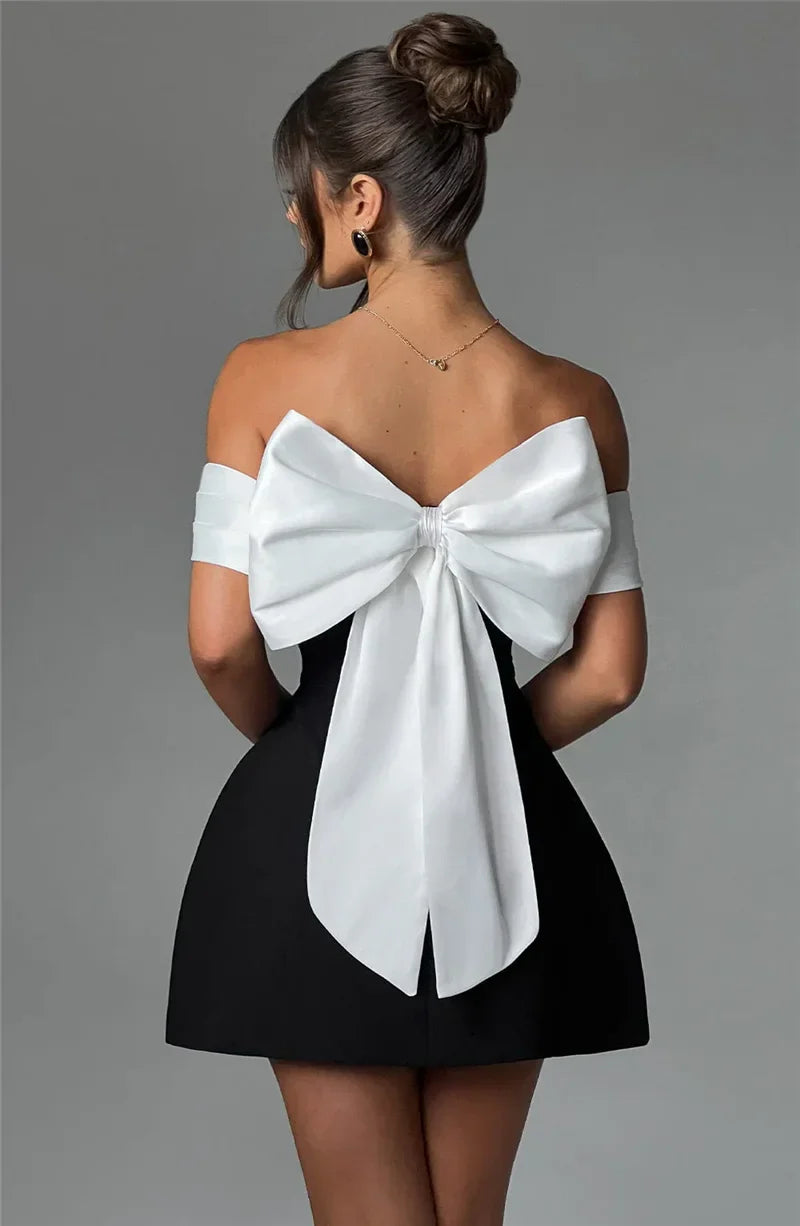 Black Off-shoulder Large Back Bow Mini Dress