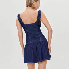 Blue Button Square Neck Sleeveless Mini Dress - A-Line Fit