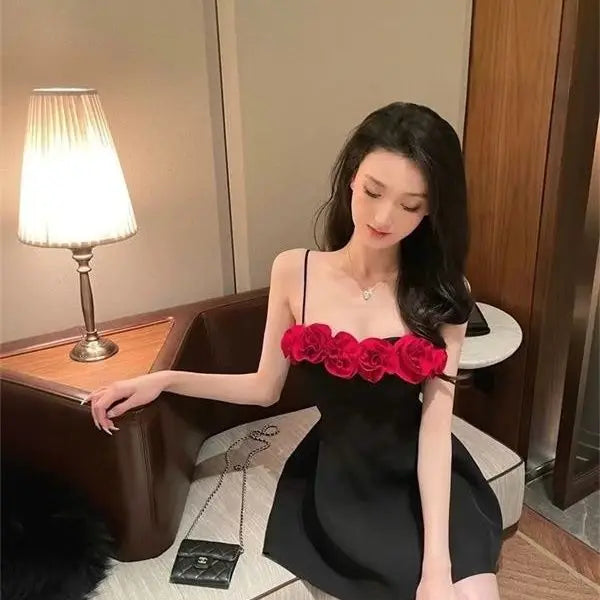 Black Cami 3D Red Flower Mini Dress