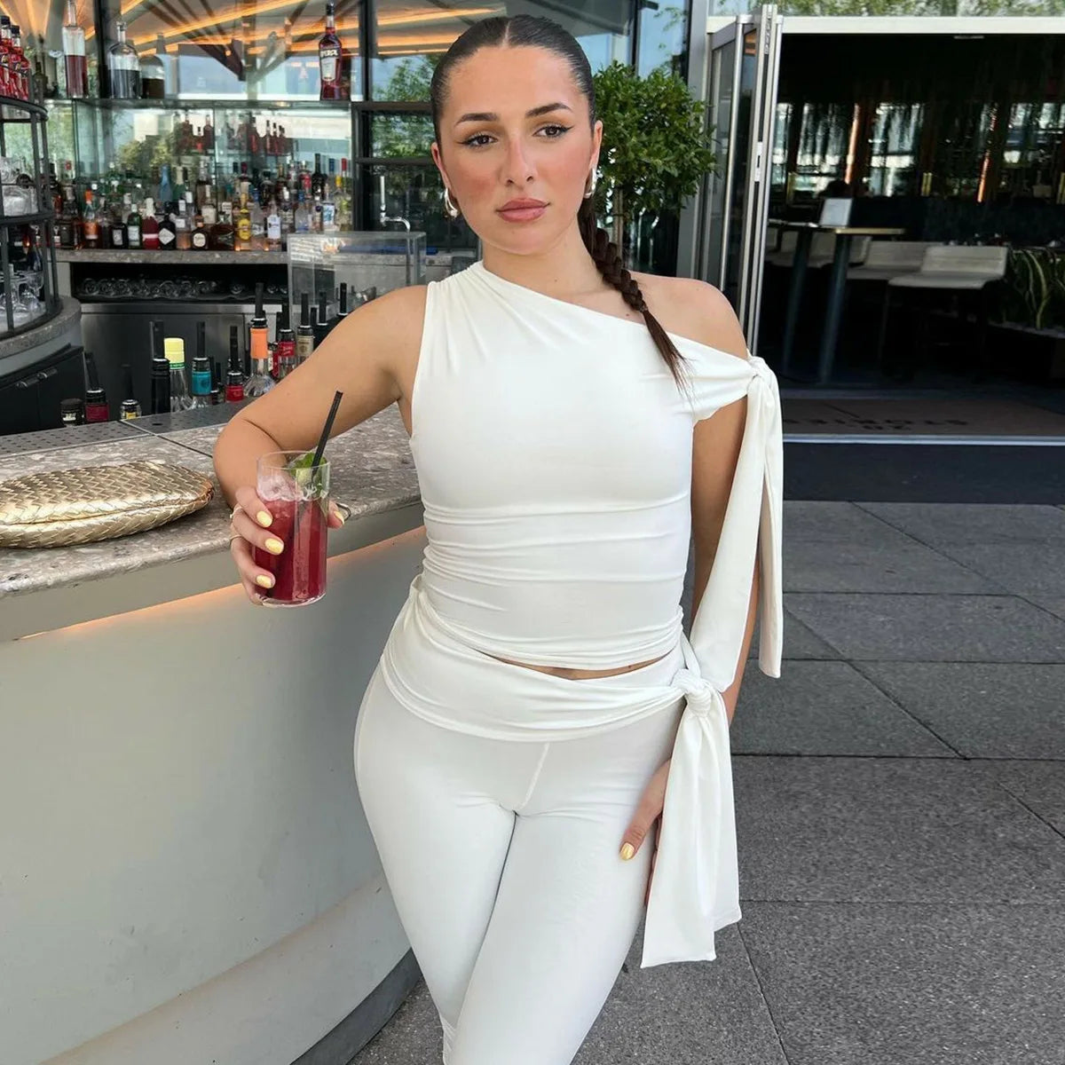 White One Shoulder Tie Up Top And Knee Length Pant Set