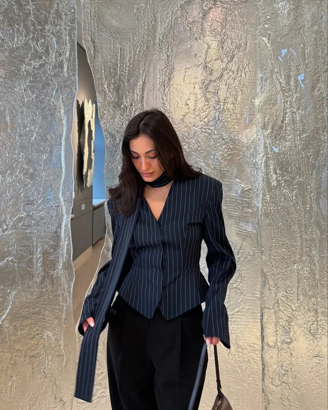Stripe Tailored Coat With Scarf Top