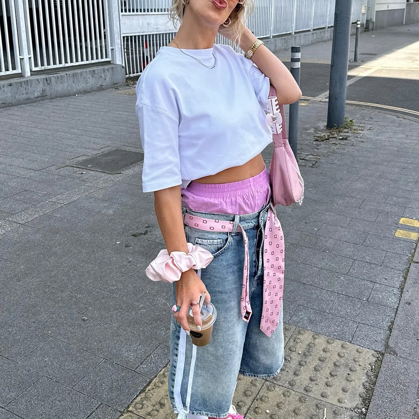 Trendy Loose Fit Denim Capri Shorts - White Side Stripes