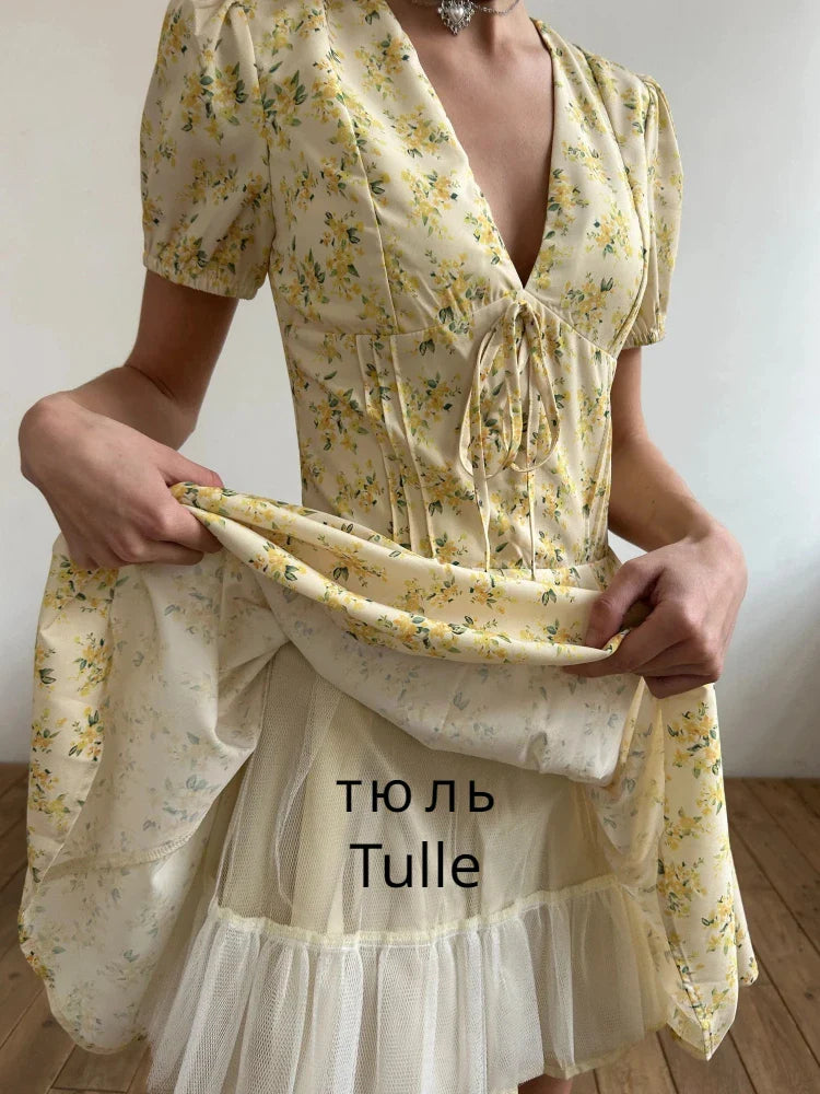 Yellow Floral Puff Sleeve Mini Dress