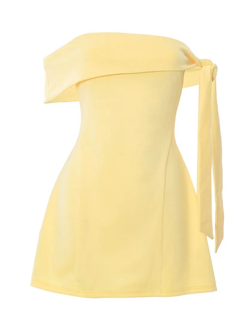 Off-shoulder Tie Up Solid Mini Dress