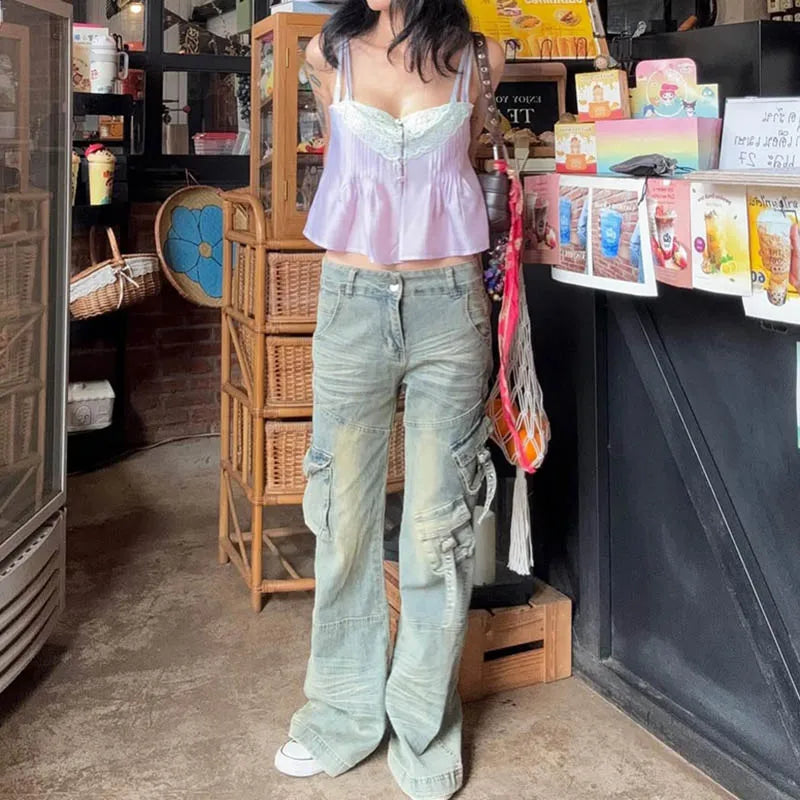 Lace Trim Front Button Up Crop Top
