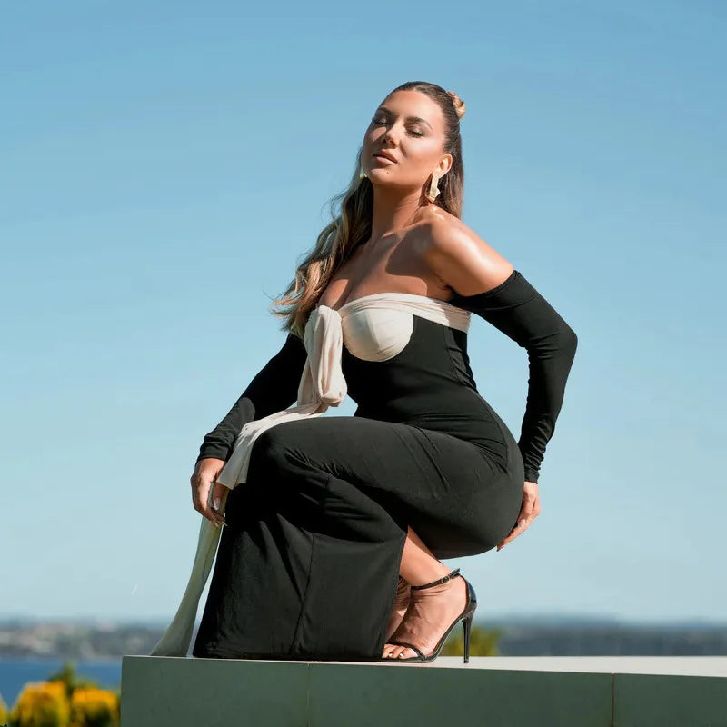 Black Patchwork Tie Up Off-shoulder Maxi Dress