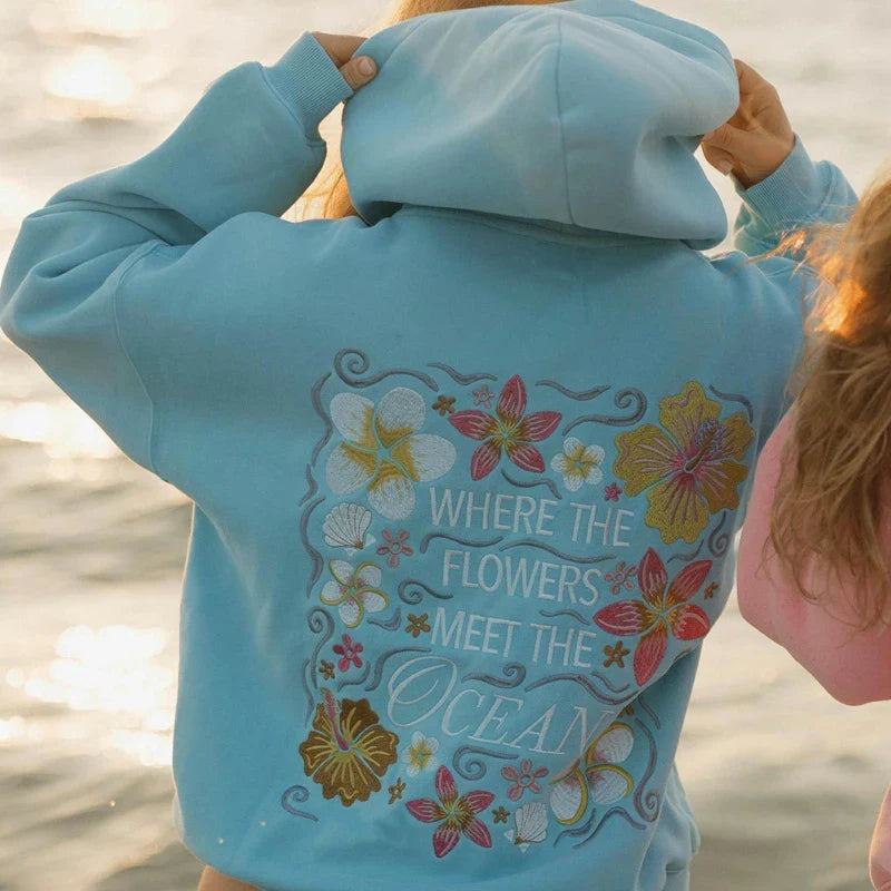 Floral Letter Embroidery Hoodie - Loose Fit Pullover