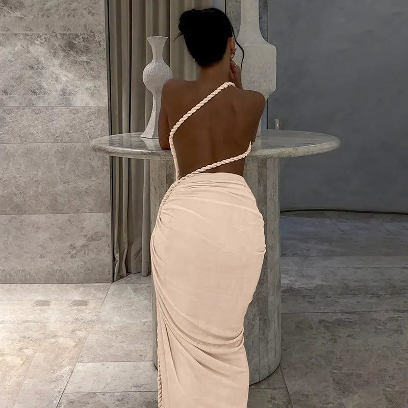 Cut Out Rope Design One Shoulder Slit Midi Dress