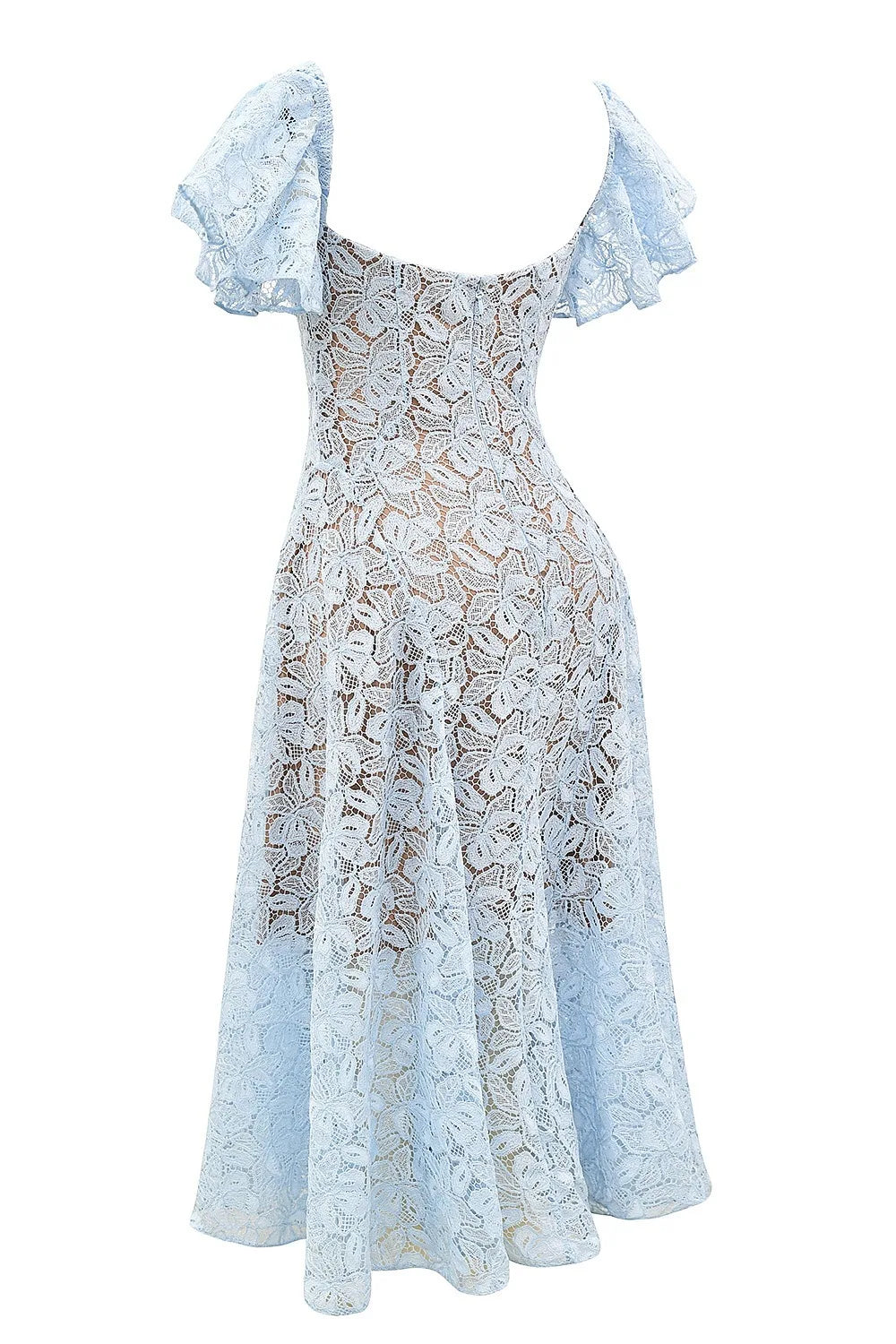 Blue Lace Flare Sleeve Midi Dress