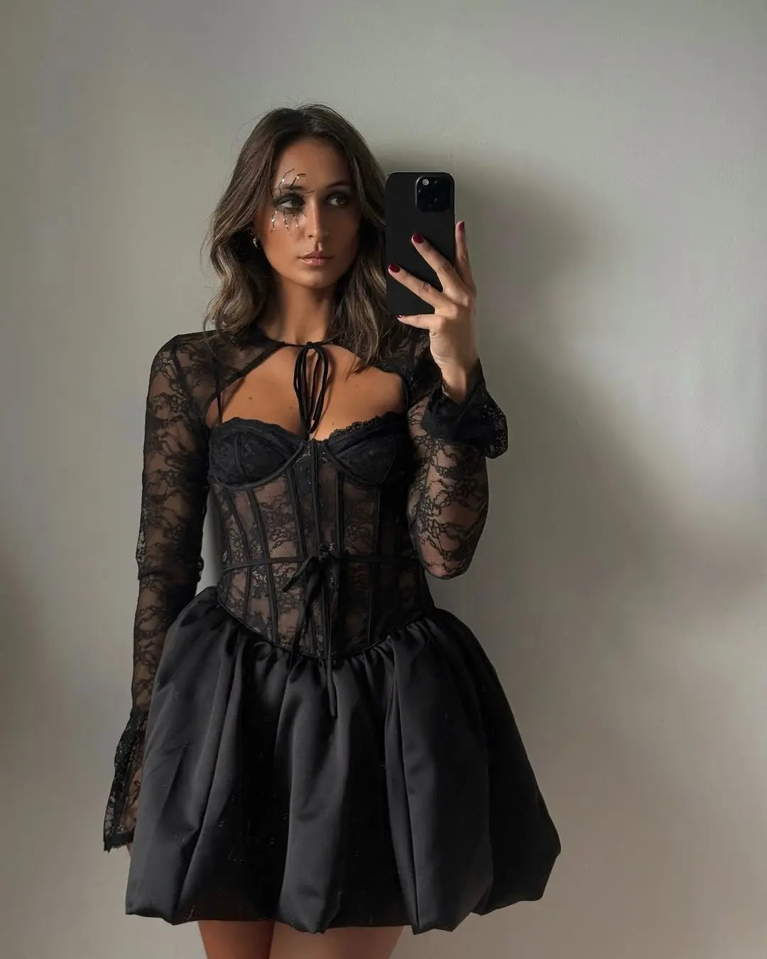 Black Lace Removable Sleeve Puff Mini Dress