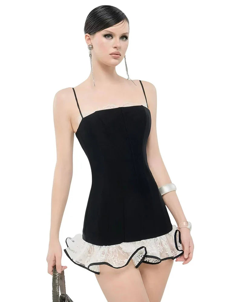 Black Solid Cami Lace Frill Trim Mini Dress