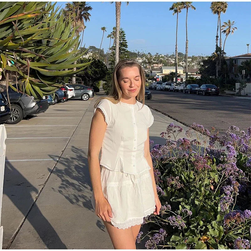 White Short Sleeve Top And Mini Skirt Set