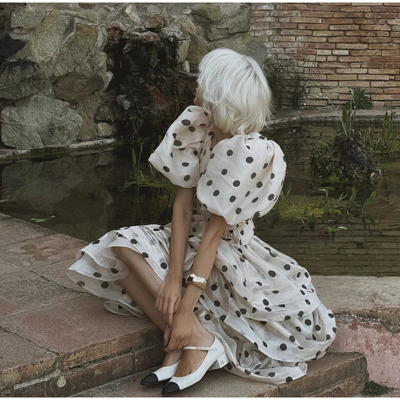 Polka Dot Bubble Sleeve Top And Ruffles Maxi Skirt Set