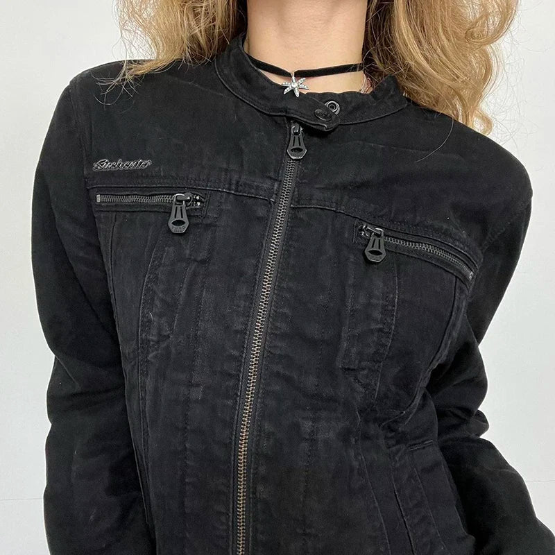 Black Double Zipper Denim Jacket