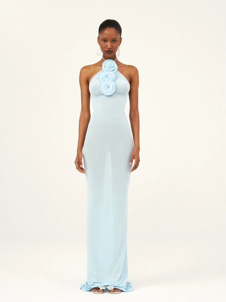 Blue Halter Neck 3D Flower Bodycon Long Dress
