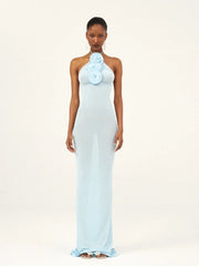 Blue Halter Neck 3D Flower Bodycon Long Dress
