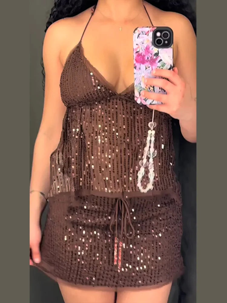 Sheer Strap Sequin Top Lace Up Mini Skirt Set