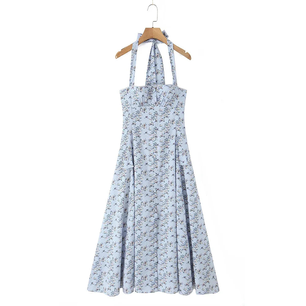Printed Halter Flare Midi Dress
