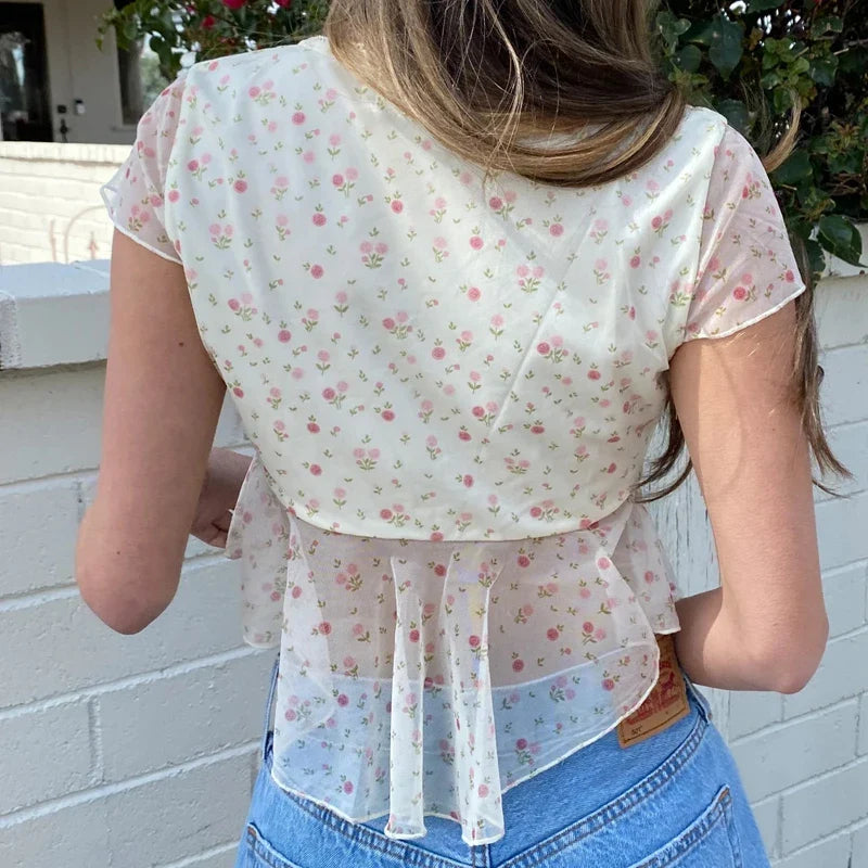 Mesh Short Sleeve Floral V-Neck Top