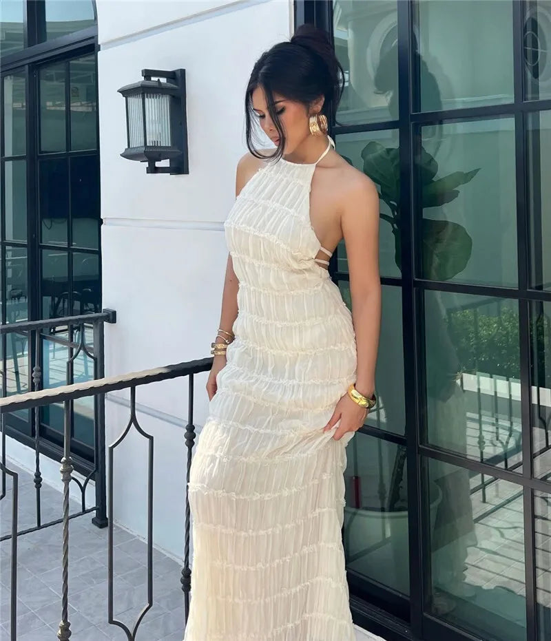 Halter Textured Open Back Maxi Dress
