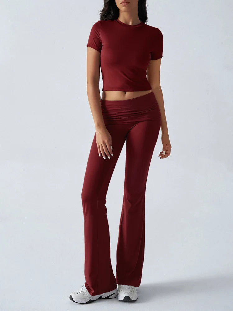 Slim Fit Two Piece Short Sleeve Top & Pant Set - Athleisure Workout Style