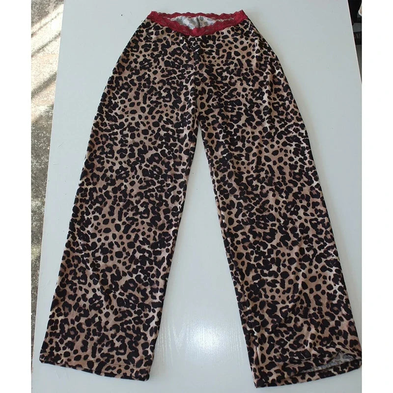 Leopard Printed / Solid Lace Trim Wide Leg Pants