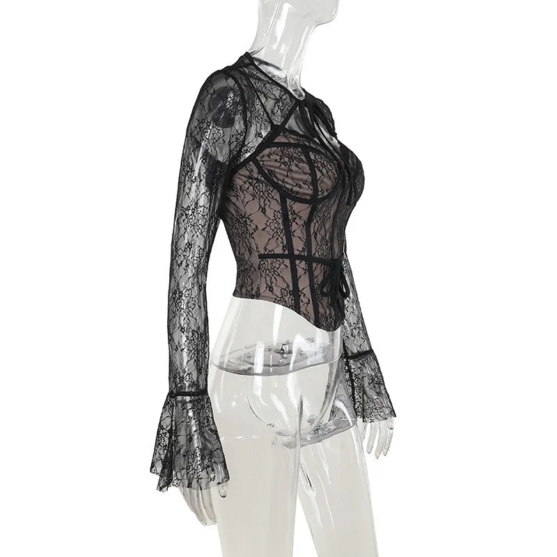 Black Long Sleeve Lace Tie Up Corset Top