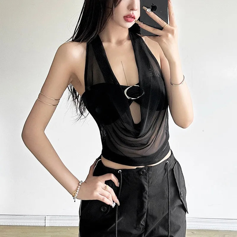 See-through Halter Top & Bralette Set - Streetwear Crop Tank