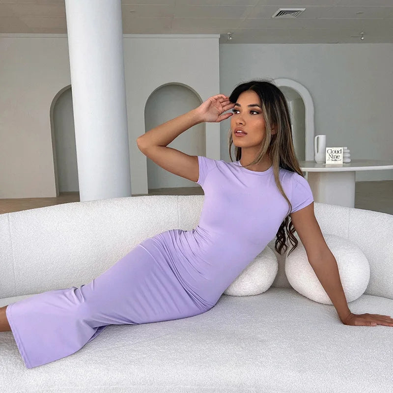 Crewneck Solid Short Sleeve Bodycon Long Dress