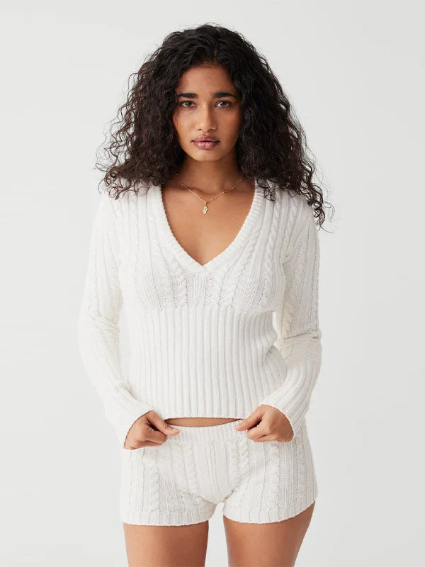 Long Sleeve Knitted V-Neck Hooded Sweater And Shorts Set