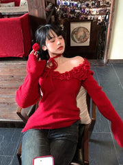 Red 3D Flower Off-Shoulder Long Sleeve Top